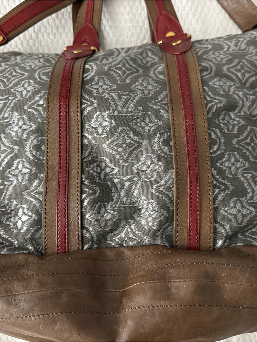 Louis Vuitton Grey Monogram Duffel with Brown and Red Trim